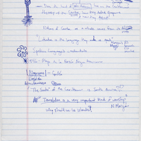   Handwritten notes in blue ink on lined note paper, including "Literature is the language they make us speak."  