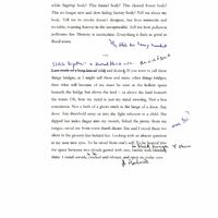 The third page of the poem. Handwritten notes include "Stitch together a thread thick with...the risk of desire." 