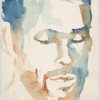 The portrait is a closeup of the author's face with his eyes closed, glancing down as if in
contemplation.