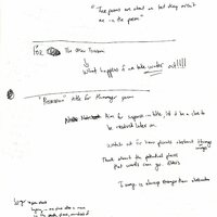  Back of workshop paper. Handwritten notes, such as, "Aim for suspense in the title, let it be a clue
later on."