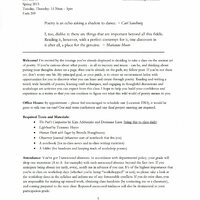  Typed front page of a poetry syllabus, including coarse goals, such as the creation of an environment laden with opportunities. 