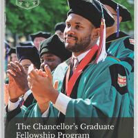 Glossy pamphlet featuring Aaron Coleman, a young, Black man in a green graduation gown and cap in a crowd of other graduates.  