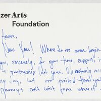 A notecard handwritten in blue ink, thanking Coleman for his time working at the Pulitzer. 