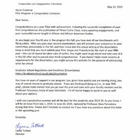 A typed letter from the director of Comparative Literature, congratulating Coleman on his many achievements.