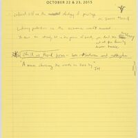 Yellow lined note paper with handwritten notes, including a quote by Merrill: "A man choosing the words he lives by."  